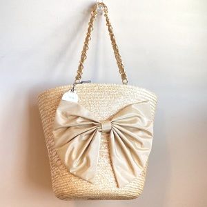 NWT CATERINA BERTINI Straw Bucket Bag with Bo and Drawstring Closure